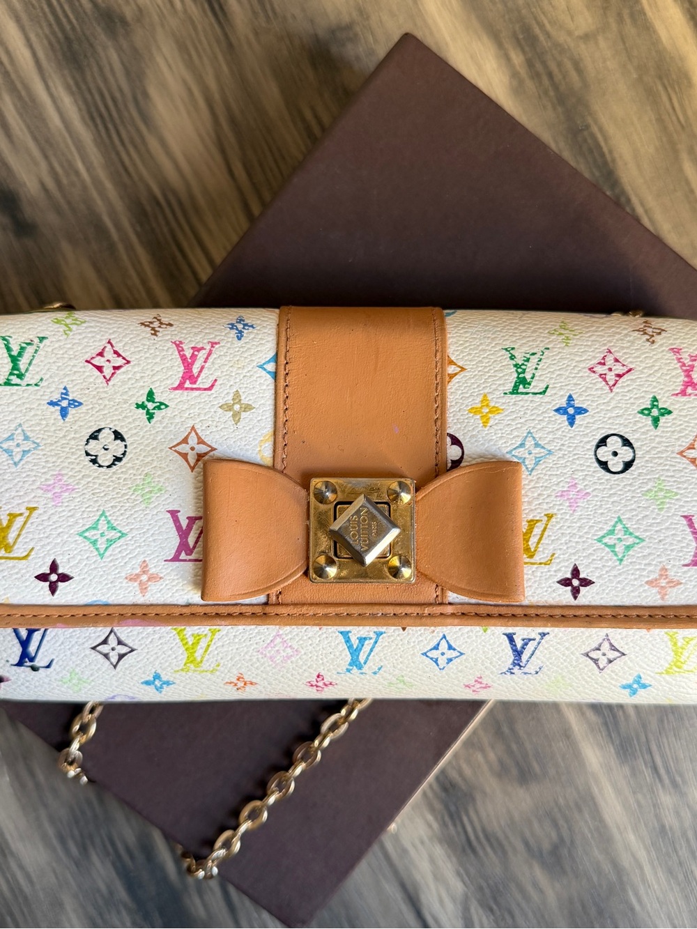 Louis Vuitton White Multicolor Monogram Bow Clutch with Tan Trim